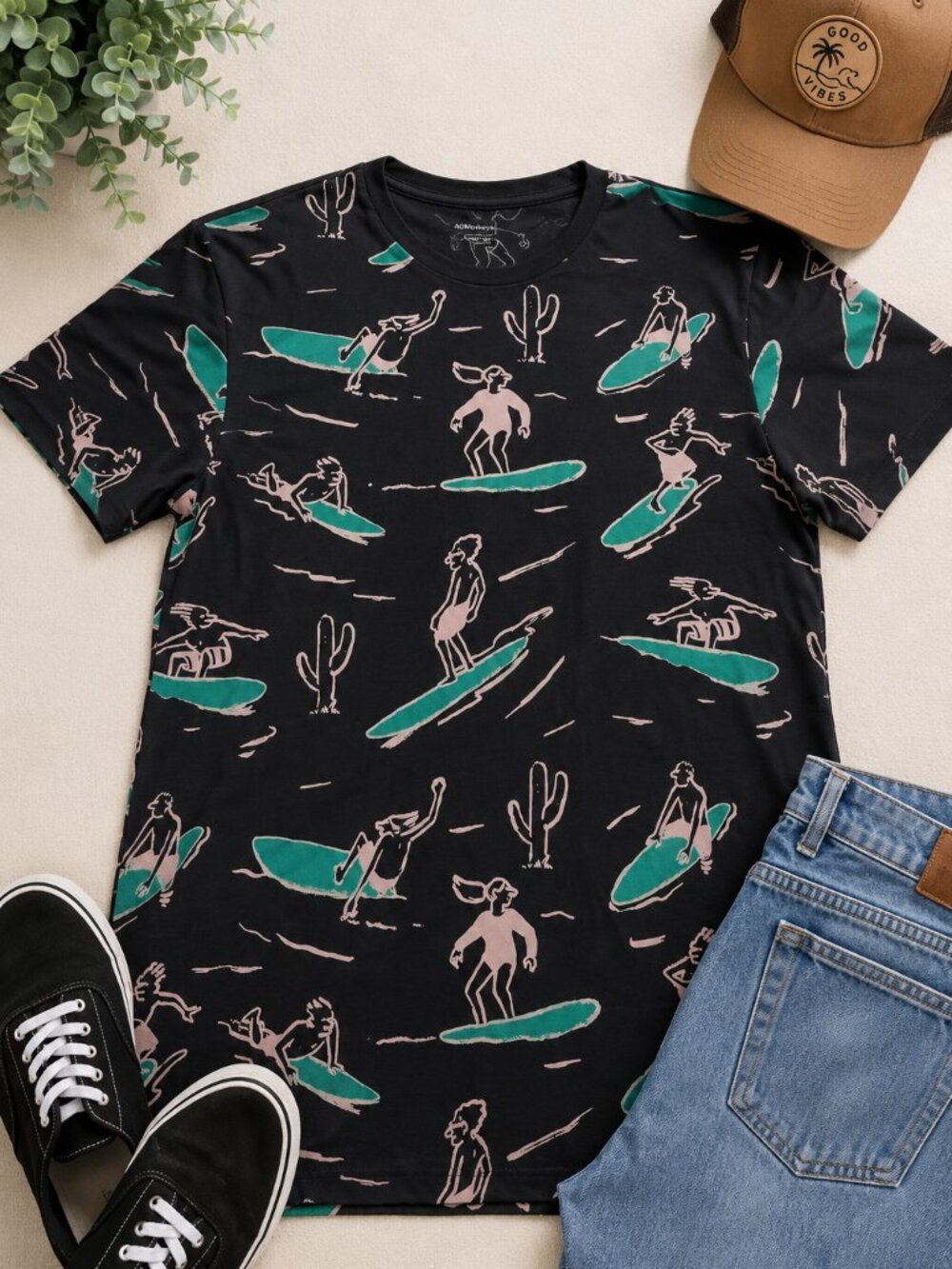 Bonobos Men’s Large Surfing Cactus All Over Print T-Shirt 100% Cotton Peru